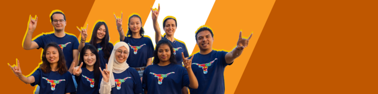 A diverse mix of ELC students smile and display the hook'em hand sign against a UT brand orange background