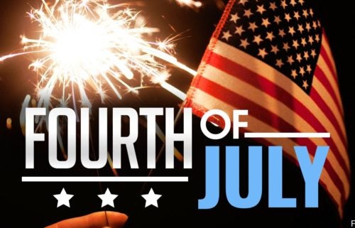 Fourth of July banner with American flag and fireworks