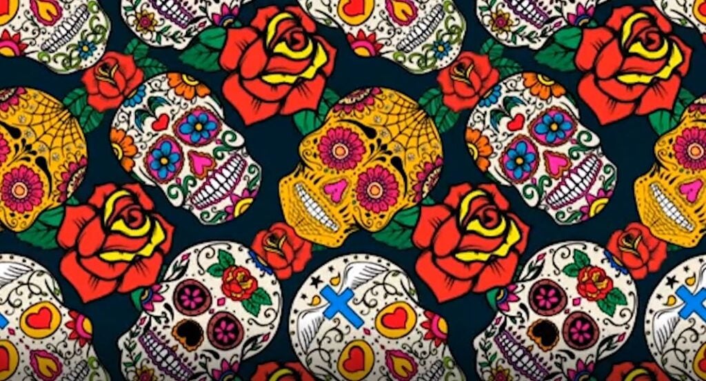 Dia de los Muertos graphic with colorful skulls and roses