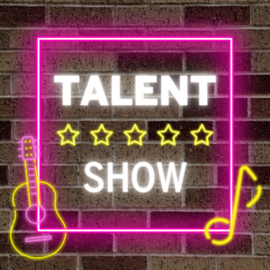 Brightly colored neon sign reading talent show. 