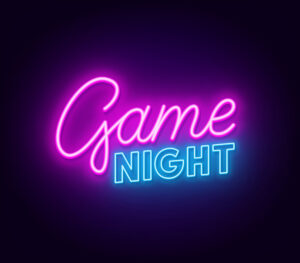 Brightly colored neon sign reading game night.