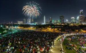 Fourth of July Fireworks over Vic Mathias Shores in Austin. 