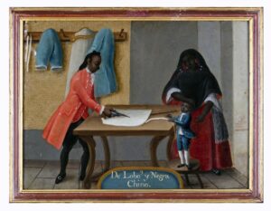 Painting of 1700s era tailor, his wife, and child of indigenous and black descent.