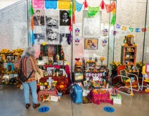 Older person viewing ofrendas during Dia de los Muertos. 