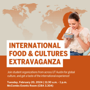 Graphic for International Food and cultures extravaganza showing a young woman eating a bowl of delicious food.