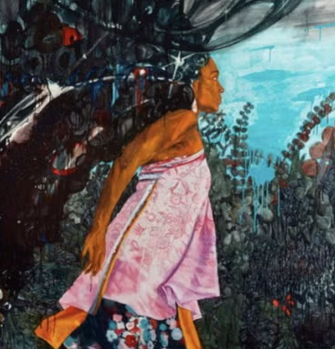 a contemporary painting of young black women in a pink dress on display at the Blanton Museum of Art
