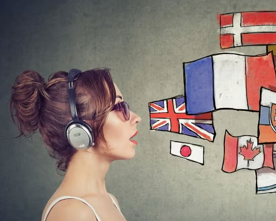 a young women wearing headphones opens her mouth as various flags graphically drawn come up - representing different spoken languages