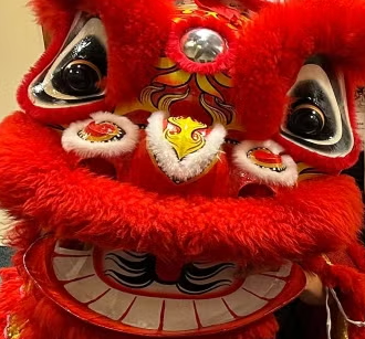 A closeup of the face of the costume for a bright red lion dancer