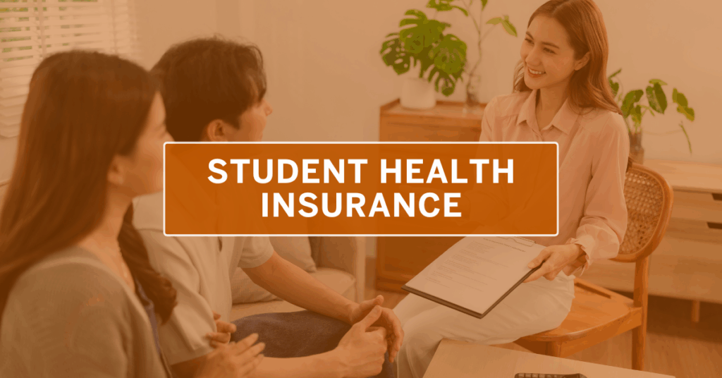 health insurance text laid over an orange background with a man and a women student talking to a health insurance advisor
