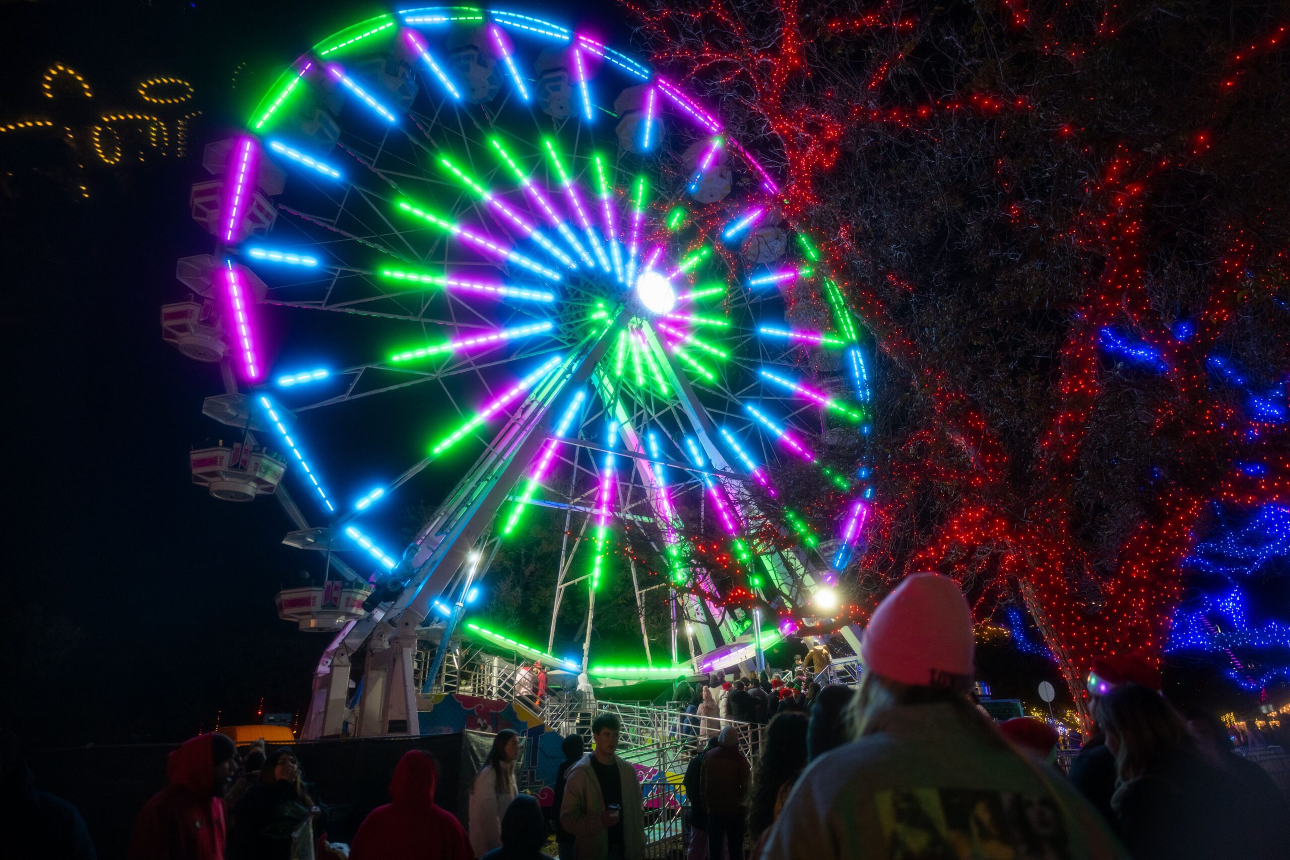 A ferris wheel is brilliantly illuminated for the annual Austin Trail of Lights event at Zilker Park