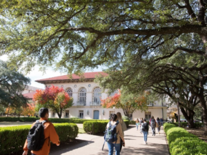 UT campus scene with large trees and students walking on a path