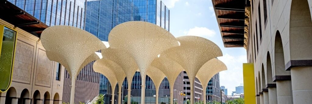 A large scale sculptural exhibit from the Blanton is displayed on campus