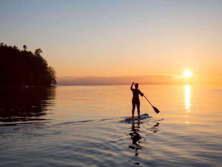 Peaceful image of a standing paddleboarder on Lady Bird Lake during sunset.