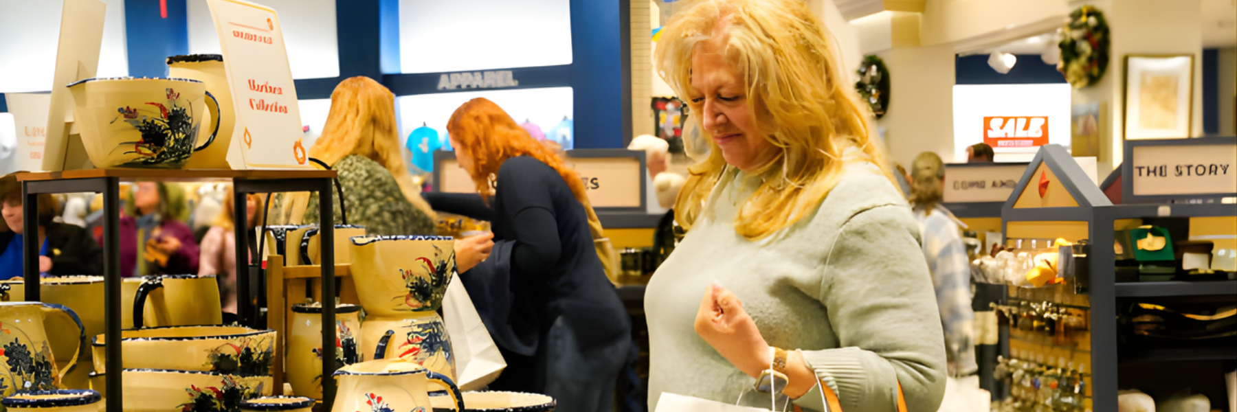 Retail store interior with shoppers browsing decorative ceramic kitchenware, featuring a smiling woman holding a shopping bag while examining handcrafted mugs and pitchers, with sale signage and shelves of home goods in a brightly lit boutique.