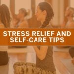 A group meditating with a UT orange-colored overlay with text: "STRESS RELIEF AND SELF-CARE TIPS."