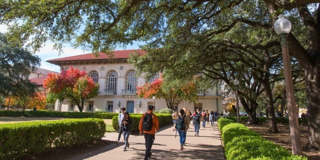 University campus with students walking on a path lined with trees and an elegant building in the background.