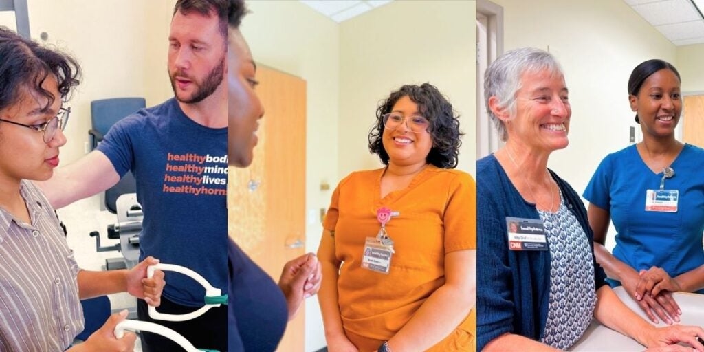 Healthcare professionals and patients in a clinic setting, displaying teamwork and care. Two photos show medical staff smiling, fostering a welcoming atmosphere.