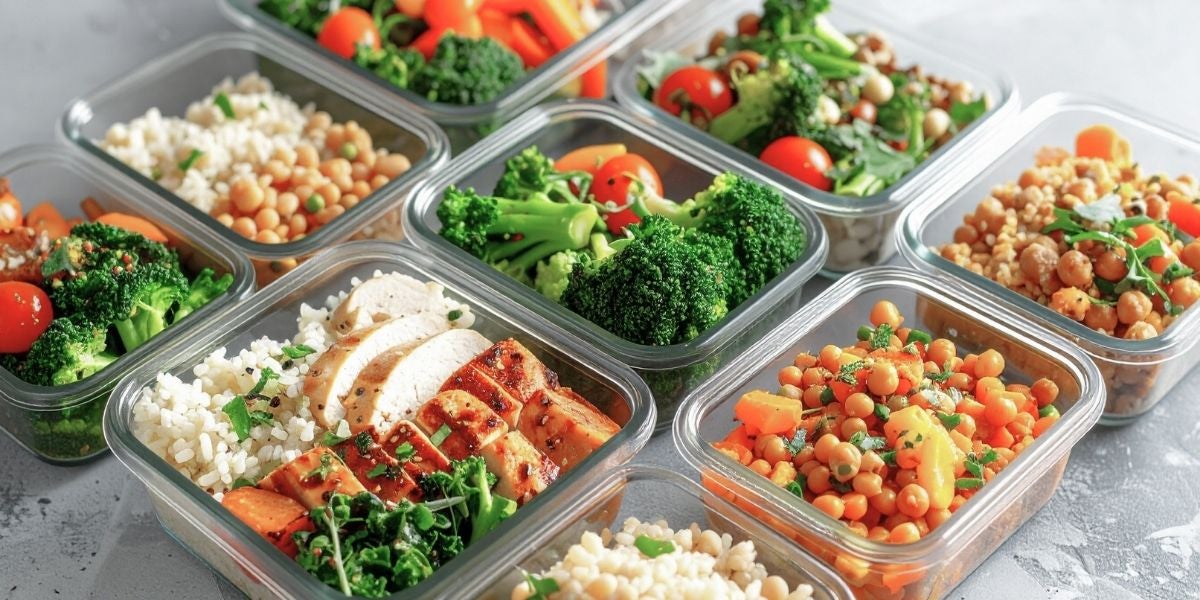 Array of meal prep containers filled with rice, grilled chicken, broccoli, chickpeas, carrots, and cherry tomatoes, arranged neatly on a gray surface.