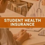 A student consults with a doctor at a table. A tablet and clipboard are present. Text over the image reads "Student Health Insurance." The tone is informative.