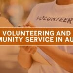 Person with a volunteer t-shirt holding a clipboard with text "Volunteering and Community Service in Austin."