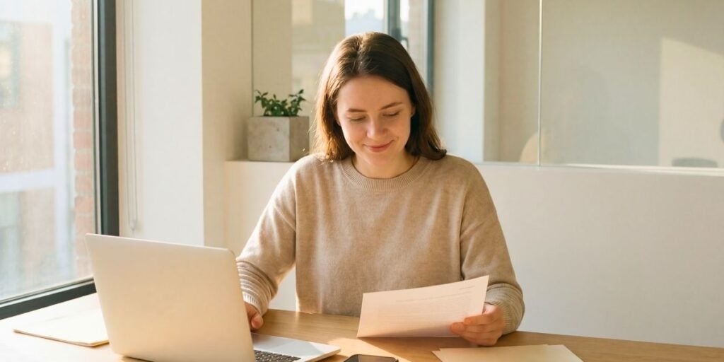 Person reading a paper and smiling at a desk with a laptop and smartphone.