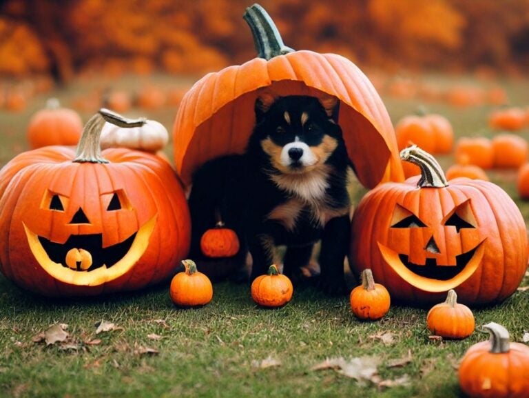 a cute bernese mountain dog puppy hides out under a cut pumpkin while surrounded by other smiling cut pumpkins for the festive Halloween season